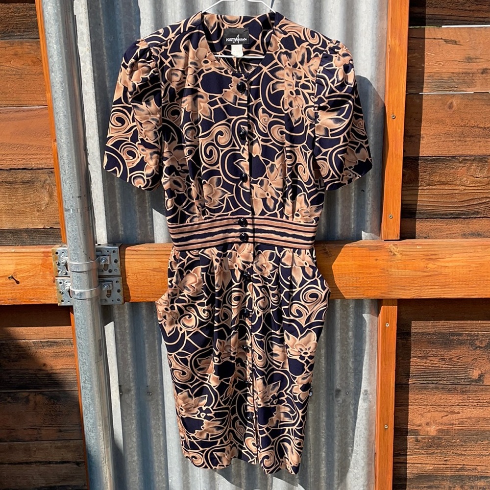 Vintage 90's Positive Attitude Navy and Tan Dress Corporate Girlie